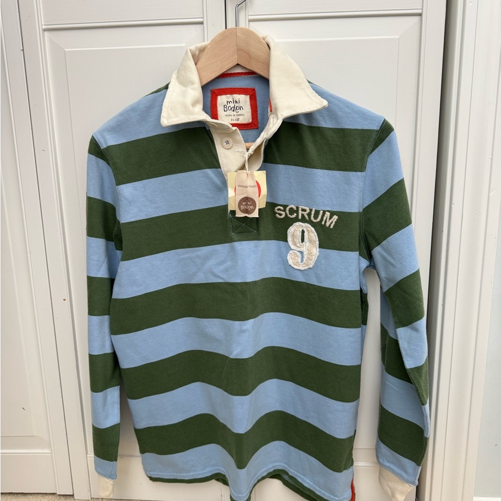 NWT Boden Kids Rugby Shirt with Blue and Green Stripes